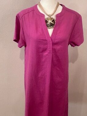 🩷”Anko” NWT Chic Fuchsia Linen Blend Short Sleeve Midi V-Neck Shirt Dress
